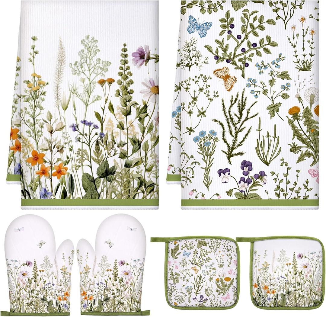Leinuosen 6 Wild Flower Kitchen Towels Kitchen Decor and Accessories Set Floral Plant Oven Mitts and Pot Holders Sets Farmhouse Absorbent Dish Towels for Cooking Baking Grilling (Multicolor) (Green)