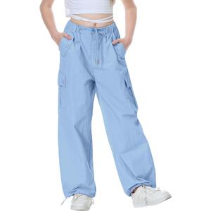 Rolanko Parachute Pants for Girls Y2K Cargo Trousers with Pockets Harajuku Jogger Pants Kids (10-12, Darkblue)
