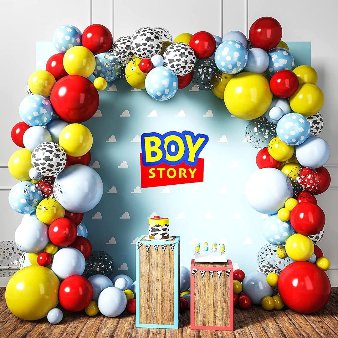 HOUSE OF PARTY Boy Story Balloons Garland Kit - 160 Pcs | Cow Pattern Cloud Yellow Red Blue Confetti Latex Balloons for Kids | Boy Inspired Story for Birthday Party Supplies Decorations