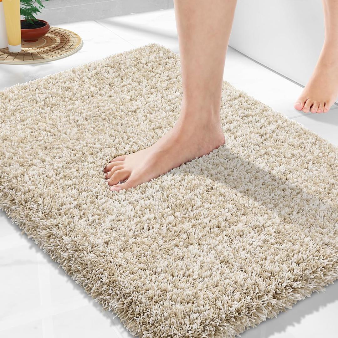 Yimobra Bathroom Rugs Non Slip Washable, Ultra Soft and Water Absorbent Bath Mats, Plush Fluffy Shower Mat Outside, Microfiber Thick Matts for Bathroom Floor/Sink, 24x17, Light Beige and White