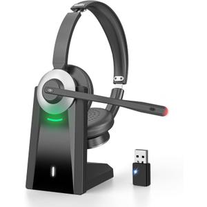 Wireless Headset with Mic for Work, Bluetooth Headset with Microphone, AI Noise Canceling Mic & USB Dongle, V6.0 Wireless Headphones with Mic Mute & Charging Dock for PC/Cell Phones/Call Center/Teams (Black&Silver)