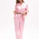 MORFORU Satin Pajama Set for Women Feather Trim Long Sleeve Pjs with Sleep Mask Headband Scrunchie Sleepwear Lounge Set (Pink), Small