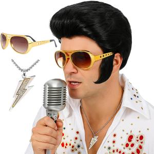 4pcs Set 50s 60s Rock Legend Wig for Men Singer Rocker Costume Wig for Cosplay Halloween Party (Natural Black)