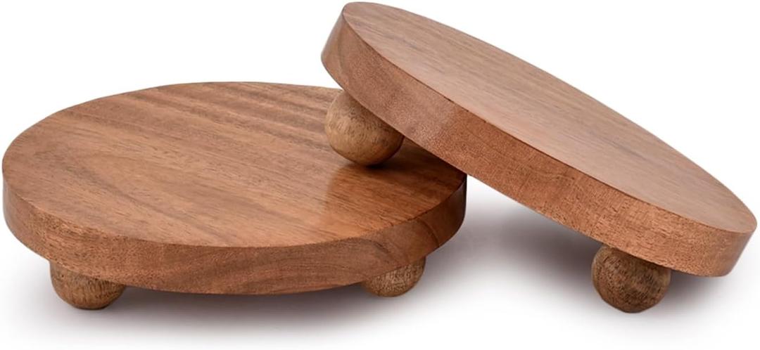 NIRMAN Display Stand Round Acacia Wood Stand for Display Wooden Stand for Kitchen/Bathroom Counter/Plant Stand (5.5" x 5.5" x 1.5"), (Set of 2)