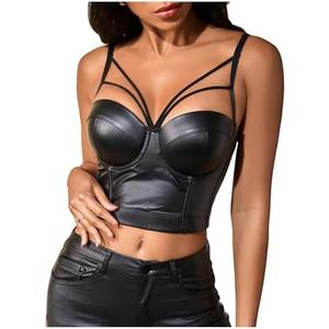 OYOANGLE Women's Pu Leather Cut Out Camisoles Strappy V Neck Backless Fitted Cami Crop Tops.M