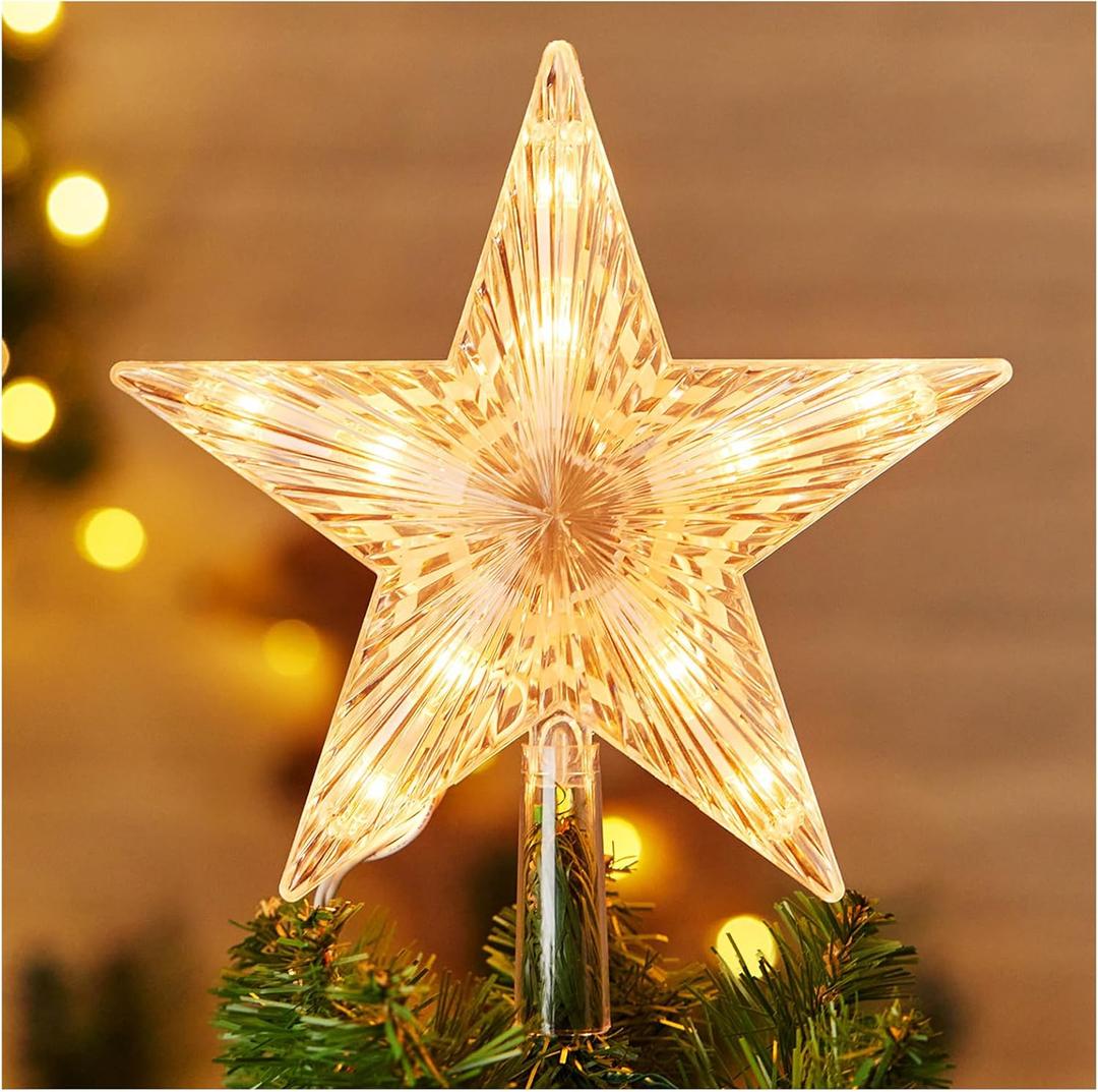 Christmas Tree Topper Lighted Star with Built-in 10 Replaceable Bulbs, 9.5 Clear Five-Pointed Star Tree Topper Plug in for Indoor Office Xmas New Year Holiday Tree Decoration, Warm White