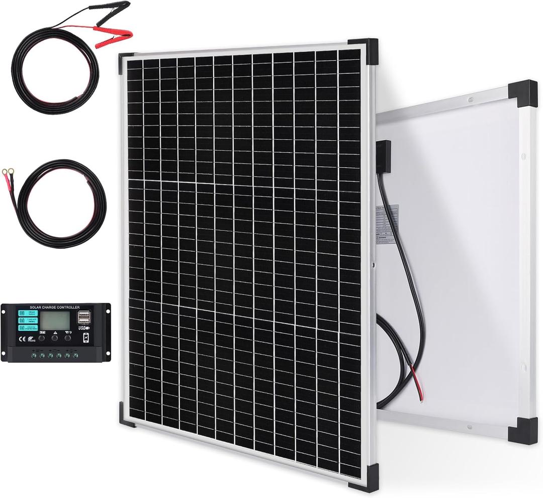 50W Solar Panels Kit 12V Monocrystalline Solar Maintainer 10A Battery Charge Controller with Extension Cable and Clips O-Ring Terminal fit RV Car Rooftop Camp Off Grid Applications