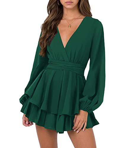 Nova In Sky Sexy Cute Wrap Dress for Woman V Neck Long Sleeve Empire Tie Waist Ruffle Flowy Party Dresses Dark Green S