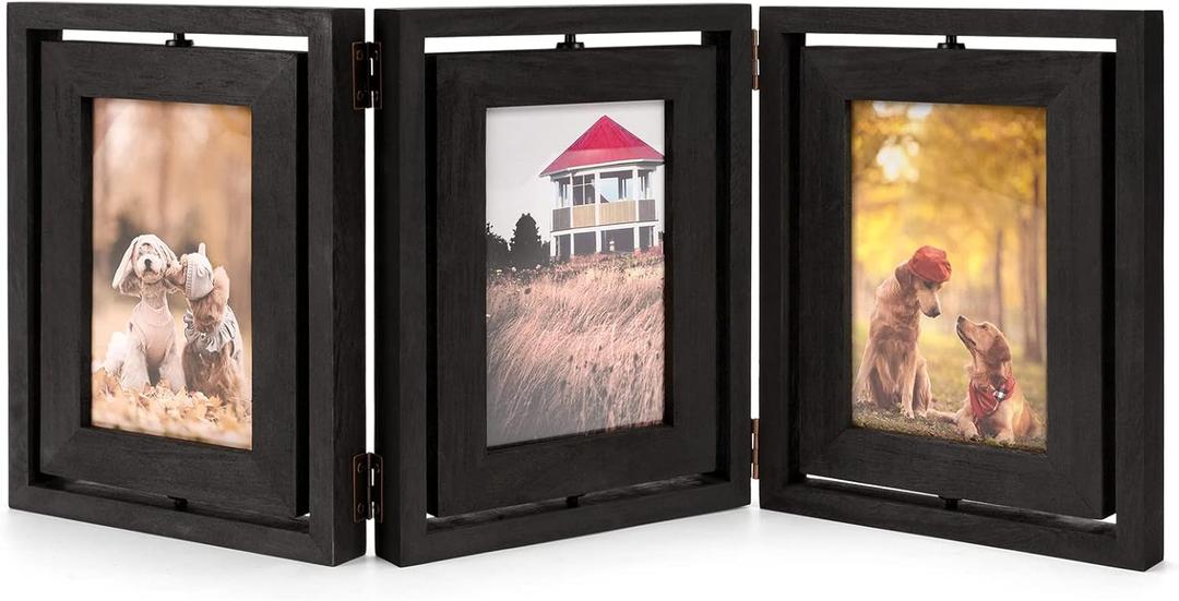 Emfogo 4x6 Picture Frame Rustic Wood Hinged Folding Triple Picture Frames Collage, DoubleSided Display Rotatable High Definition Glass Photo Frame for Home TableTop(Vintage Black)