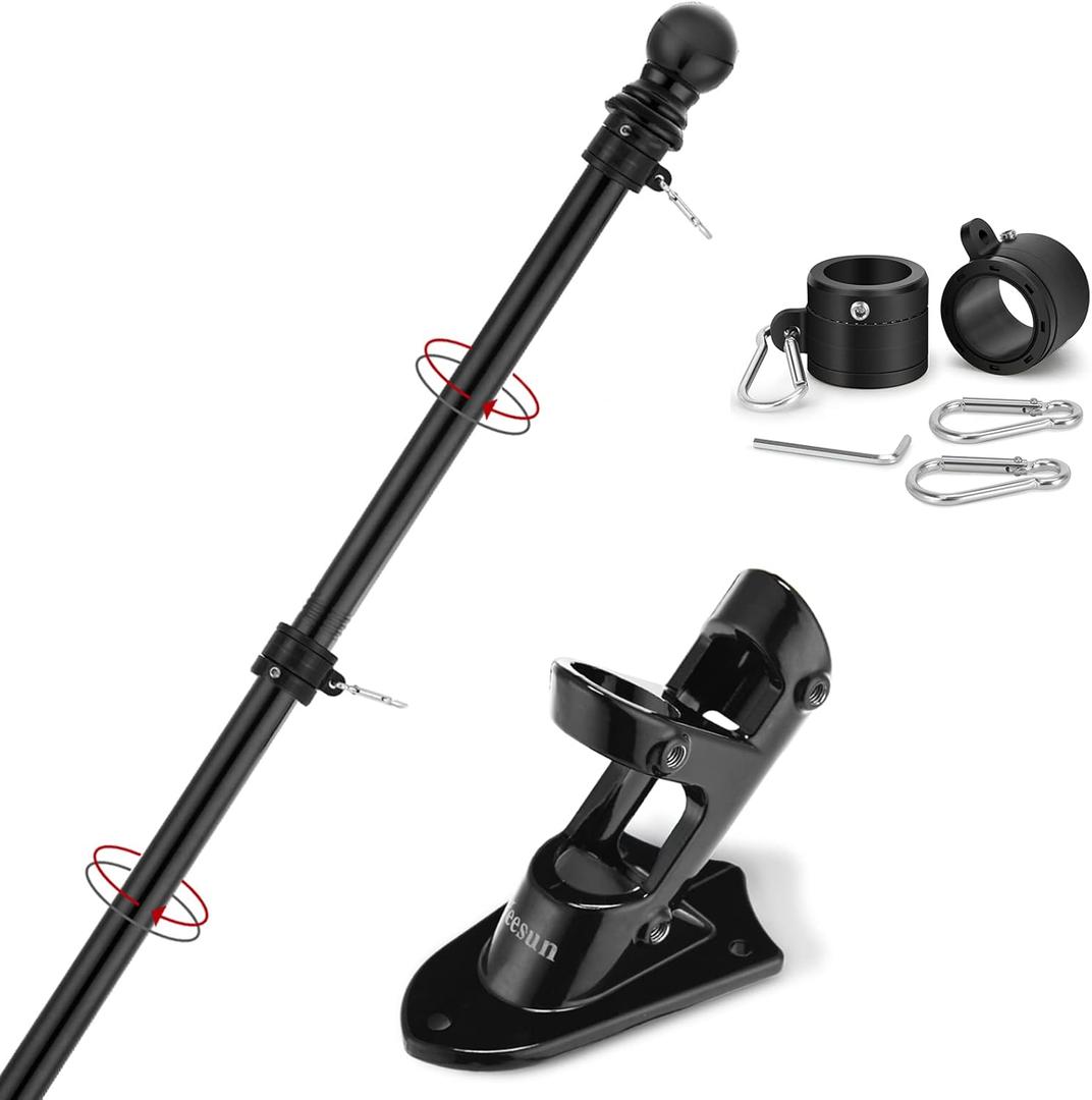Yeesun Flag Pole,6FT American Flag Pole & Bracket-Flagpoles for 3 x 5 Flags Holder for House Porch & Outdoor, Tangle Free and Wall Mount Flag Pole Kit (Without flag, Black)