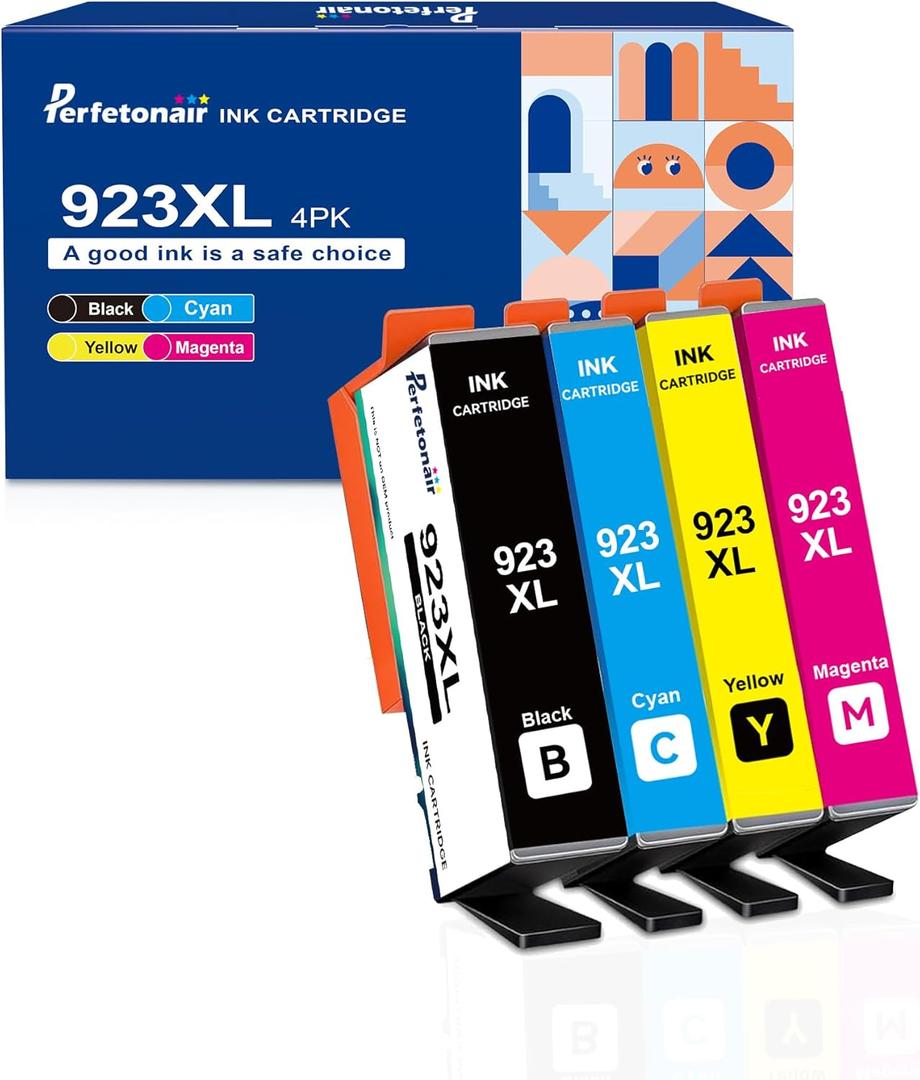 923XL Ink Cartridges with Chip Replacement for HP 923e 923XL Ink Cartridges Combo Pack for HP OfficeJet Pro 8130 8120 8122 8124 8125 8132 8134 8135 8138 8139 Printer (Black Cyan Magenta Yellow)