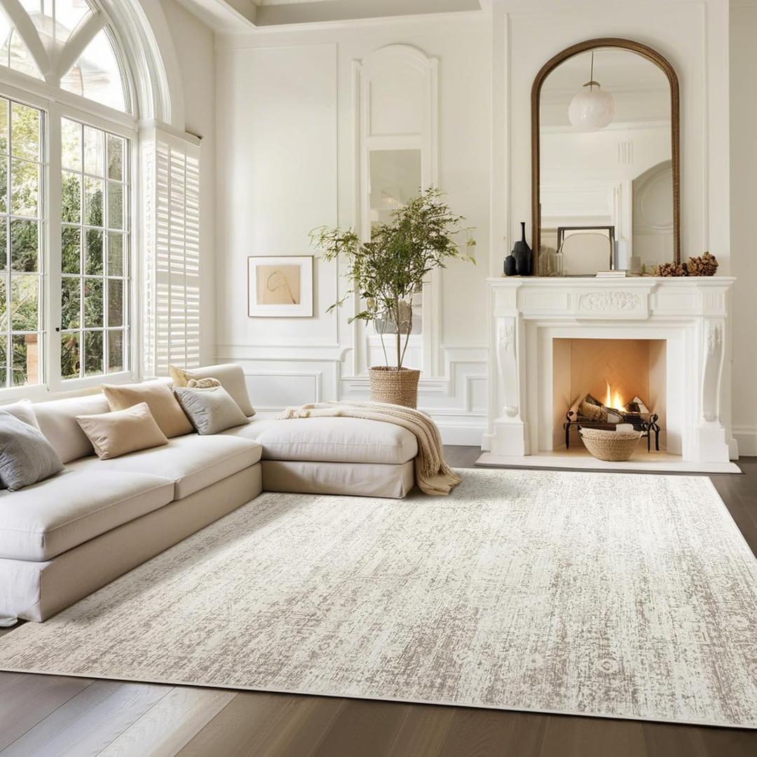 Washable Rugs 8x10 Area Rugs for Living Room,Rugs for Bedroom,Large Carpets,Ultra Soft Faux Wool Retro Dining Room Rug,Non Slip&Non-Shedding Low Pile Vintage Print Rug for Home Office Decor (8' x 10' (Rectangular), Beige-ivory-cream-brown-camel)