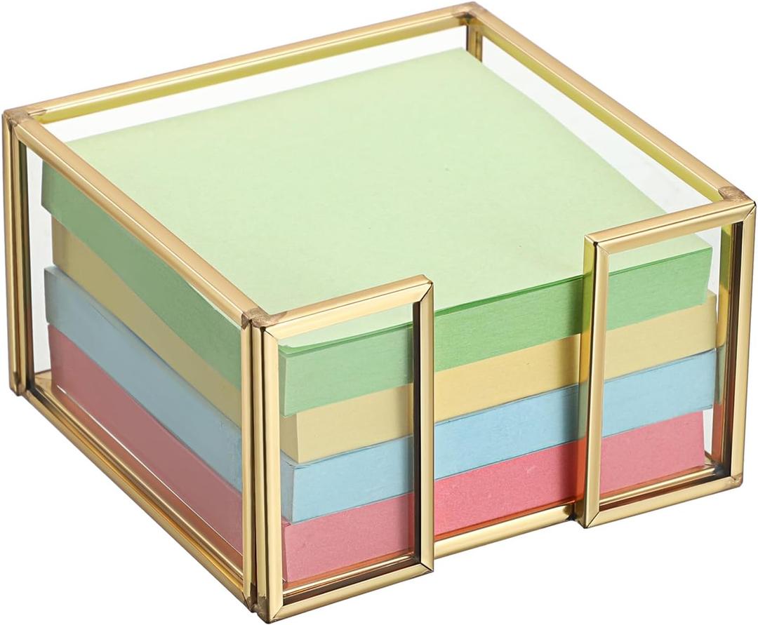 BTSKY Golden Glass Sticky Note Holder for 3x3 Inch Sticky Notes, Elegant Post It Note Dispenser with Non-Slip Pads Clear Notepad Holder for Desk Organization Planning, Home Office Decor, 4 Pac