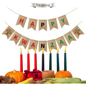 2 x Happy Kwanzaa Banner Decorations for Home  Burlap Hanging Flags with Kinara Candle, Happy Kwana Signs for Office Classroom Indoor Party, Traditional African American Festival Party Supplies