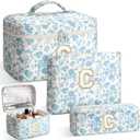 2PCS Personalized Initial Makeup Bag for Women, Birthday Gifts for Girl, Travel Toiletry Bag MakeupBag Quilted Cosmetic Bag Floral Cotton Make up Bags for Girls and Women Christmas Gift C
