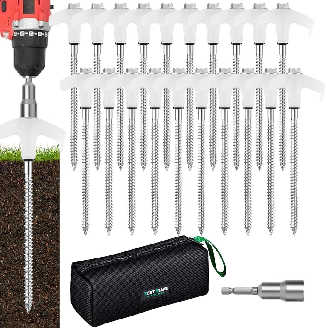 20 Pack 8" Heavy Duty Screw in Tent Stakes, Metal Camping Stakes, Drill-In Ground Anchor, Threaded Stakes for Canopies, Gardening, Yard Inflatables, with Hex Socket and Storage Bag (Luminous)