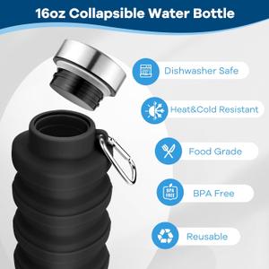 Sitanflex Collapsible Water Bottles 17oz, Portable LeakProof Travel Water Bottle, Reusable BPA Free Silicone Foldable Water Bottle with Carabiner for Gym, Traveling, Camping, Hiking, SportsBlack