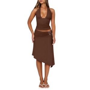 Goafuliy Two Piece Sets for Women Summer - Backless V Neck Halter Tops Asymmetrical Flowy Skirt Y2k Outfits, Small