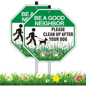 Clean Up After Your Dog Sign with Stake, 2 Pack 10"W x 28"H Aluminum Be A Good Neighbor, Pick Up After Your Dog Sign for Yard, No Poop Lawn Sign, UV Protected & Waterproof, Easy to Install