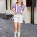 2 x Arshiner Girls T Shirts Double Layer Ruffle Short Sleeve Casual V Neck Kids Summer Tops Blouse Tee, 130 (Purple)