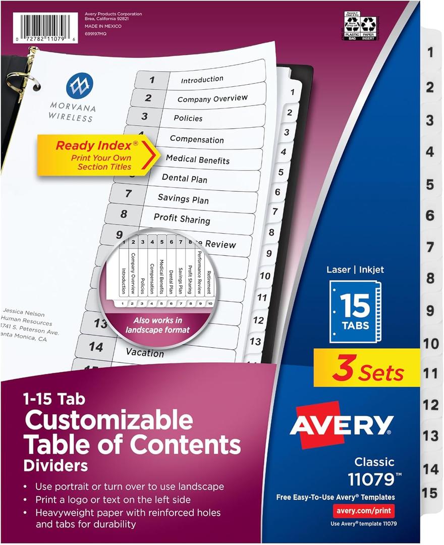 Avery Dividers for 3 Ring Binders, 15 Tabs per Set, Customizable Table of Contents, Classic White Tabs, Great for Organizing Reports, Projects, and More (3 Sets of 11079)
