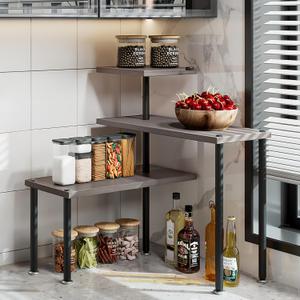 Countertop Organizer Organization 3 Tier Kitchen Corner Shelves Adjustable Spice Storage Rack for Bathroom Coffee Area Over Sink (Dark Gray Oak)