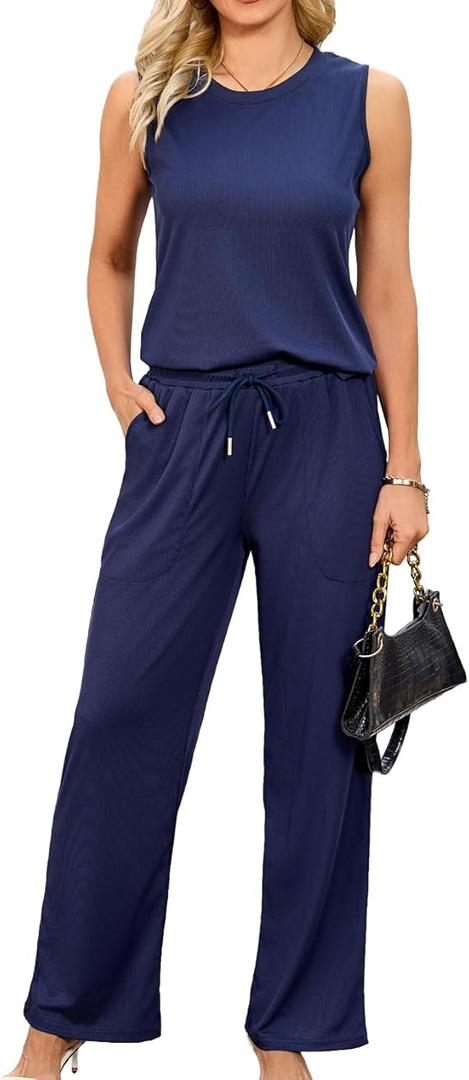 difficort Women's 2 Piece Outfits Sleeveless Ribbed Knit Top and Pants Lounge Sets Tracksuits with Pockets (M)