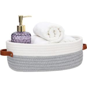 Bathroom Countertop Organizer Basket, Cotton Rope Woven Storage Basket Toilet Paper Decorative Basket for Bathroom, Bedroom, Living Room, Entryway 13"x6.3"x4.3" (Off White/Gray)