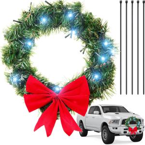 Honoson Christmas Wreath for Car, Truck or Festival Decoration LED Christmas Artificial Car Wreath and 5 Pieces 4 x 200 Black Nylon Tie (19.7 Inch, Cute)