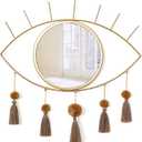 KHOYIME Evil Eye Wall Mirror Boho Gold Mirrors Decorative Metal Mirror with Tassels, Great Macrame Wall Art Bohemian Hanging Decor for Bedroom Living Room Bathroom