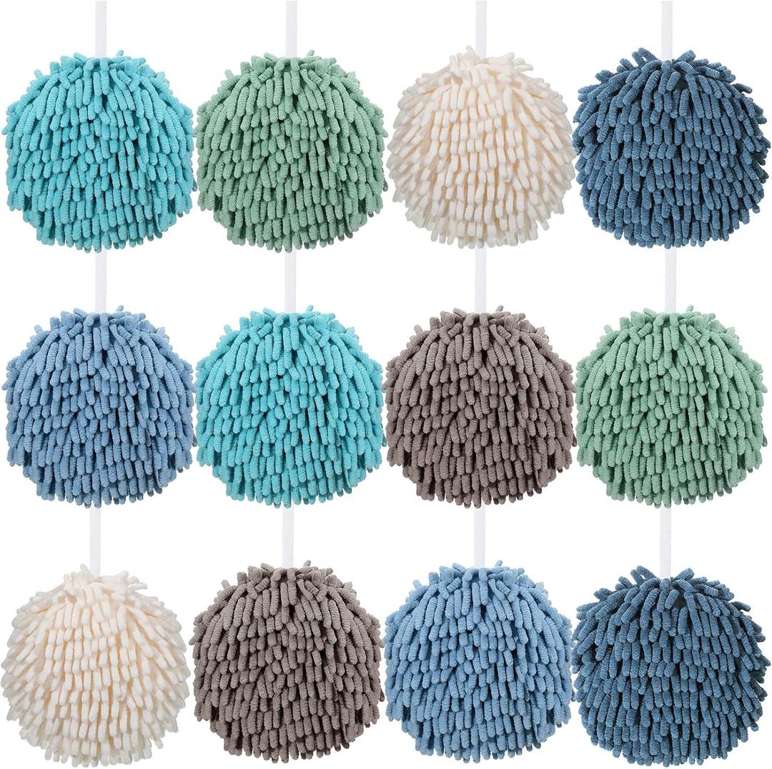 Macarrie 12 Packs Fluffy Towel Chenille Hand Towel Absorbent Fast Drying Hand Drying Puff with Loop for Bathroom Kitchen Decor, 6 Colors