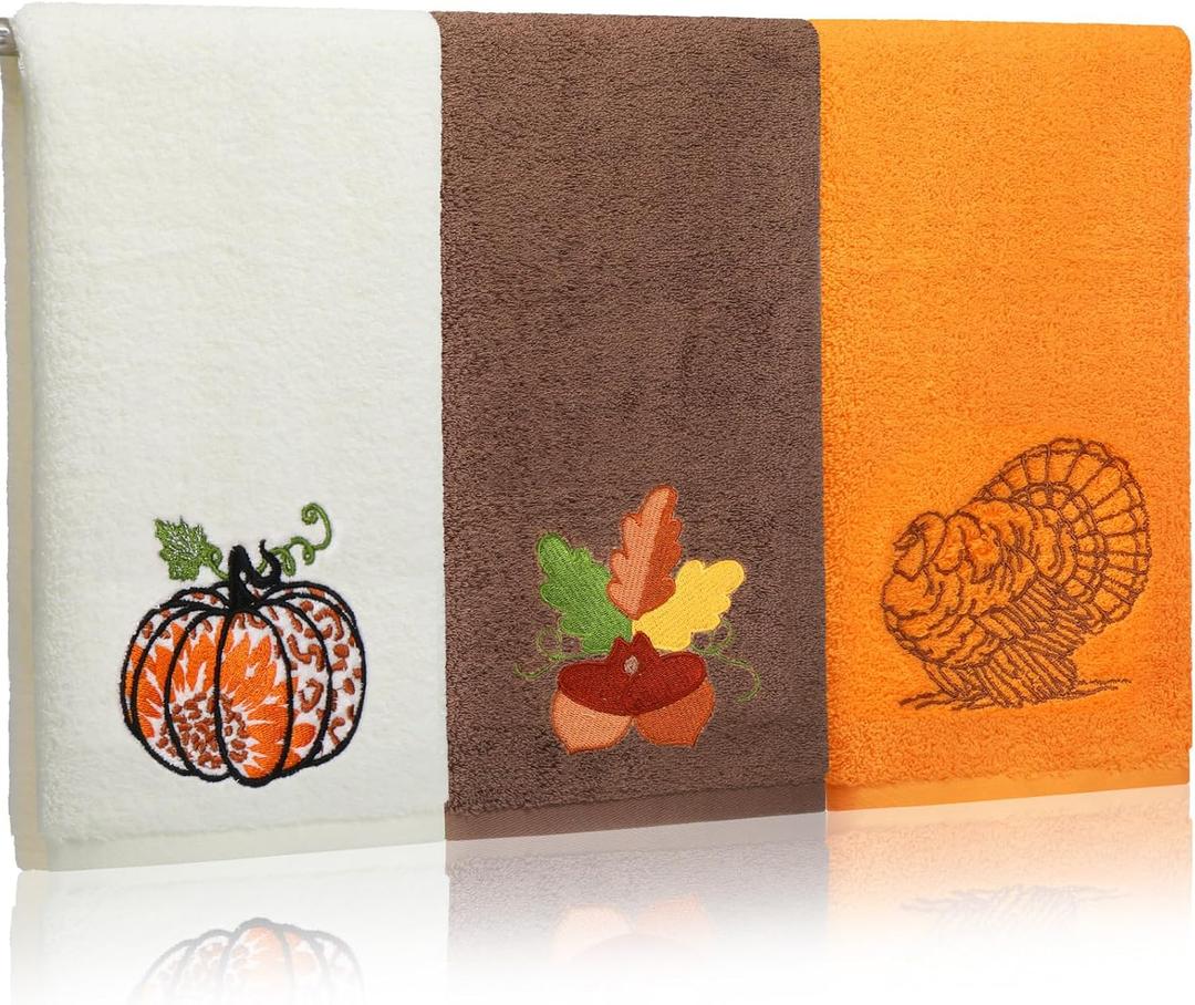Panelee 3 Pcs Thanksgiving Hand Towels for Bathroom 100% Cotton Embroidered Fall Hand Towels Pumpkin Acorn Maple Leaves Turkey Bathroom Kitchen Decor Gift, 14 x 29 Inch
