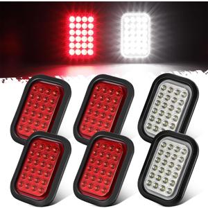 Partsam 6x 5x3 Inch Rectangle Stop Turn Tail Reverse Backup Running Lights Red Clear Lens 24LEDs LED Truck Trailer Hitch Tail Lights Sealed Flush Mount 3 Prong Watertight Plug Rubber Grommet 12V IP67