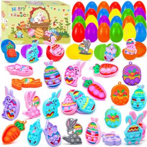 LUBUYILD 24PCS Easter Eggs with Pop Fidget Toys Keychains for Kids Girls Boys Easter Basket Stuffers, Egg Hunt Prizes and Party Favors