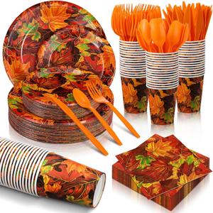 Yungyan 252 Pcs Thanksgiving Paper Plates and Napkins Set Disposable Fall Autumn Maple Leaf Party Plates Cups Paper Napkins Knives Spoons Forks for Thanksgiving Fall Harvest Party Supplies Serves 36