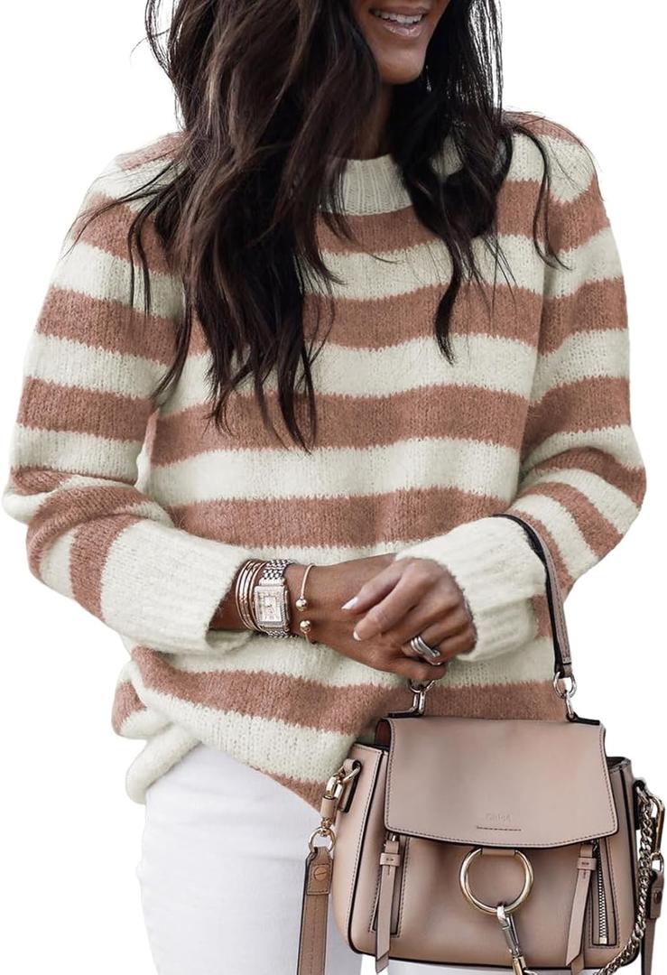 Dokotoo Sweaters for Women 2025 Crewneck Striped Cute Color Block Fall Winter Knitted Pullover Tops (Large)