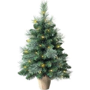 2ft Pre-lit Mini Artificial Christmas Tree,68 PVC Branches Tips & 17 Flowering Pine Needles & LED String Lights & Burlap Wrapped Base,Battery Operated Green Xmas Tree for Tabletop