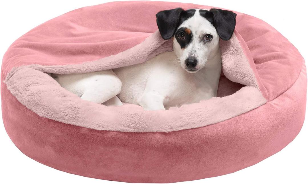 Furhaven 24" Round Calming Donut Dog Bed for Indoor Cats & Small Dogs, Washable, For Dogs Up to 20 lbs - Plush Velvet Waves Hooded Donut Bed - Rose Pink, Small (24" x 24" x 7")