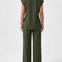 Womens Dressy Two Piece Sets Cap Sleeve Tie Waist Shirt Wide Leg Pants (Green), L