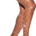 Fishnet Stockings for Women Sparkly Rhinestone Fishnet Tights Glitter Fish Nets (Medium-X-Large, Nude-mini Grid)