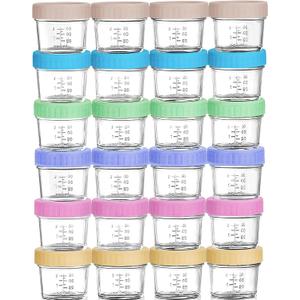 Glass Baby Food Storage Jars w/Lids (4 oz, 24 Pack Set) Snack, Puree, Reusable Small Containers, Breast Milk, Fridge or Freezer, Microwave & Dishwasher Safe, Essential Must Have for Infants