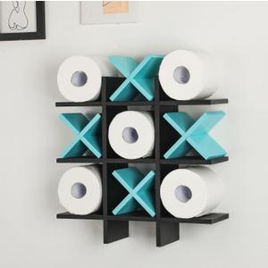 Weysat Tic Tac Toe Toilet Paper Holder Stand Bathroom Wall Decor Rustic Wooden Hanging Storage Freestanding Wall Mounted Shelves Decor for Toilet Tissue Farmhouse (Black, Blue)