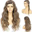 SAPPHIREWIGS Glueless Headband Wig Long Body Wave Wig Synthetic Headband Wigs for Black Women Natural Brown with Blonde Tips Wavy Hair Heat Resistant 26 inch