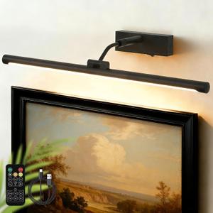 Picture Lights for Wall Battery Operated,24 Inch Black Wireless Rechargeable Art Lights for Pictures, 3CCT Dimmable Retractable Painting Light with Remote & Timer, Glare-Free for Gallery Light