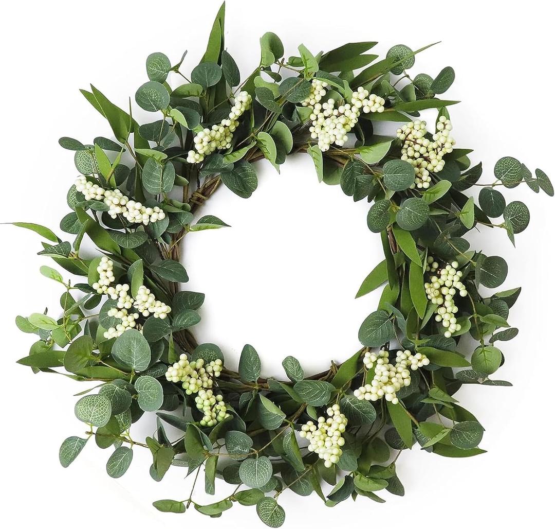 Wreaths for Front Door, 20" Artificial Eucalyptus Wreath, White Berry Greenery Wreath for Front Door Window Porch Wedding Farmhouse Garden Party Wedding Decor Spring Summer - Indoor/Outdoor