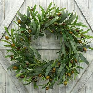 Artificial Green Olive Wreath Greenery Wreath with Olive Leaves, Bean for Front Door Indoor Outdoor Farmhouse Home Wall Window Festival Wedding Decor, White Gift Box Included