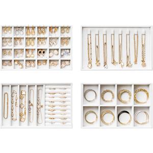 Velvet Jewelry Drawer Organizer Trays White Stackable Jewelry Storage Inserts Set, 4-Layer Jewelry Tray Set for Earrings, Rings, Necklaces, Bracelets with Removable Dividers for Dresser & Vanity