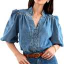 Women's Vintage Denim Shirt, V Neck 3/4 Lantern Sleeve Blouse, Casual Button Down Jean Top (M)