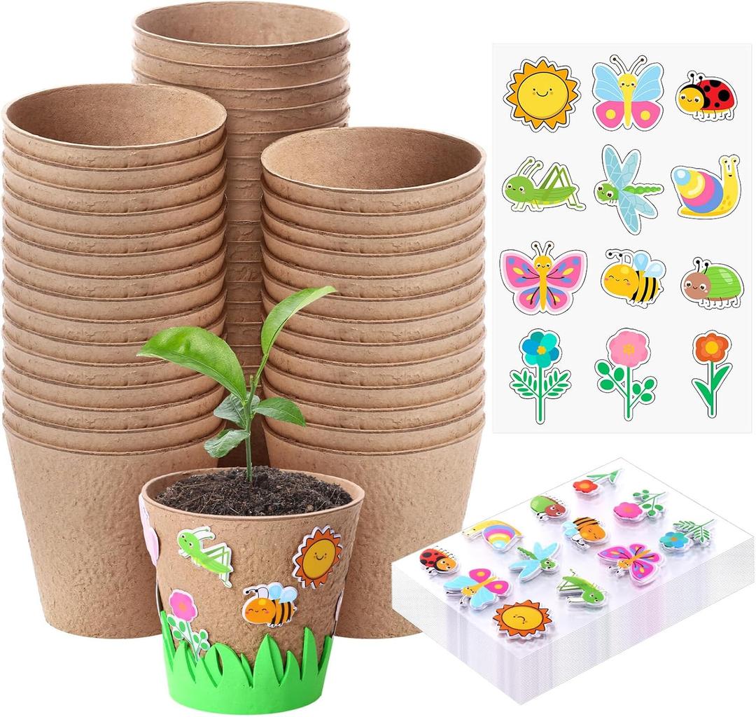72 Pcs 4 Inch Garden Paper Pot Craft Kit Spring Crafts Bulk Including Round Paper Mache Pots Adhesive Foam Sticker EVA Grass Sticker Mother's Day DIY Planting Growing Garden Kit