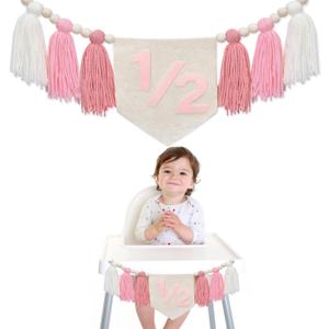 Half Birthday Decorations- Dokuna Girls Half Way to One Decorations, 6 Month 1/2 Birthday Tassel High Chair Banner (Pink) (Pink)